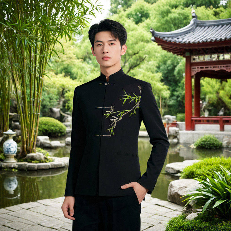 新中式中山装套装男士青年中华立领西服中式结婚礼服中国风