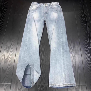 浅色竹节纹水洗牛仔裤男款秋季潮牌痞帅潮流长裤子显瘦直筒微喇裤