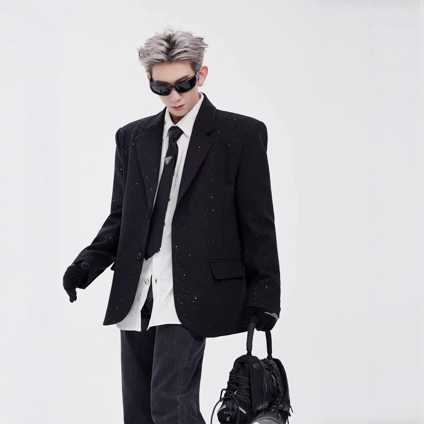 黑色西服男高级感痞帅 春秋男士亮片时尚轻奢廓形发型师垫肩西装