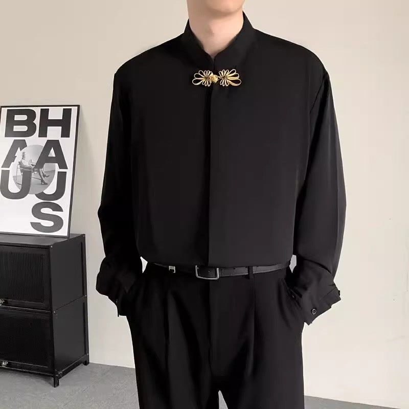 盘扣免烫长袖衬衫男长袖春秋季高级感休闲垂感坠感大码衬衣外套