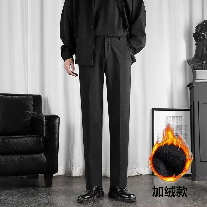 小西裤男九分修身直筒休闲裤子加绒男士高级垂感黑色秋冬季