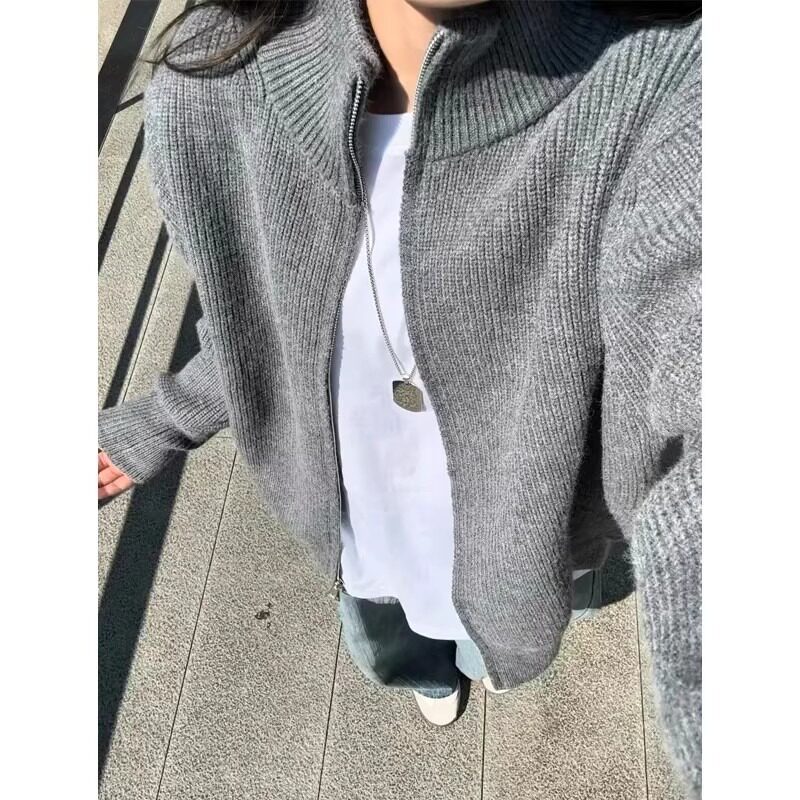 灰色双拉链立领开衫毛衣男款秋季韩系半高领针织衫美式慵懒风