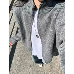 灰色双拉链立领开衫毛衣男款秋季韩系半高领针织衫美式慵懒风