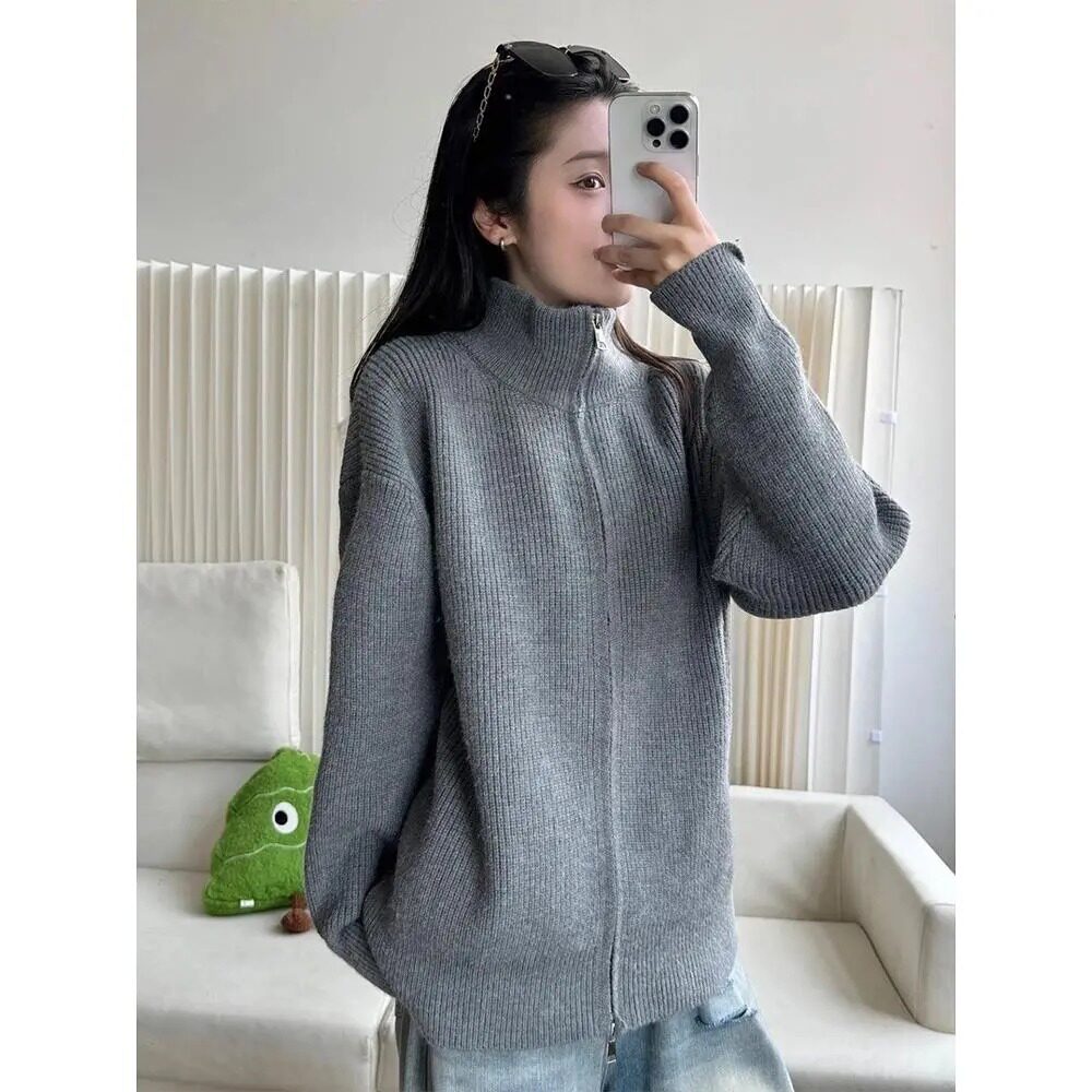 韩系浅灰色毛衣男女款秋季慵懒风高级感针织开衫覆古cleanfit