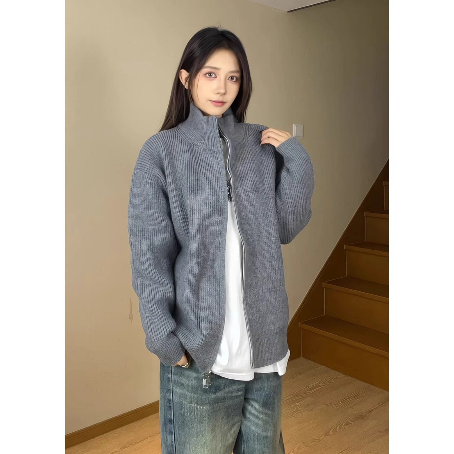 美式拉链立领针织开衫毛衣男秋季纯色内搭修身打底衫正肩复古