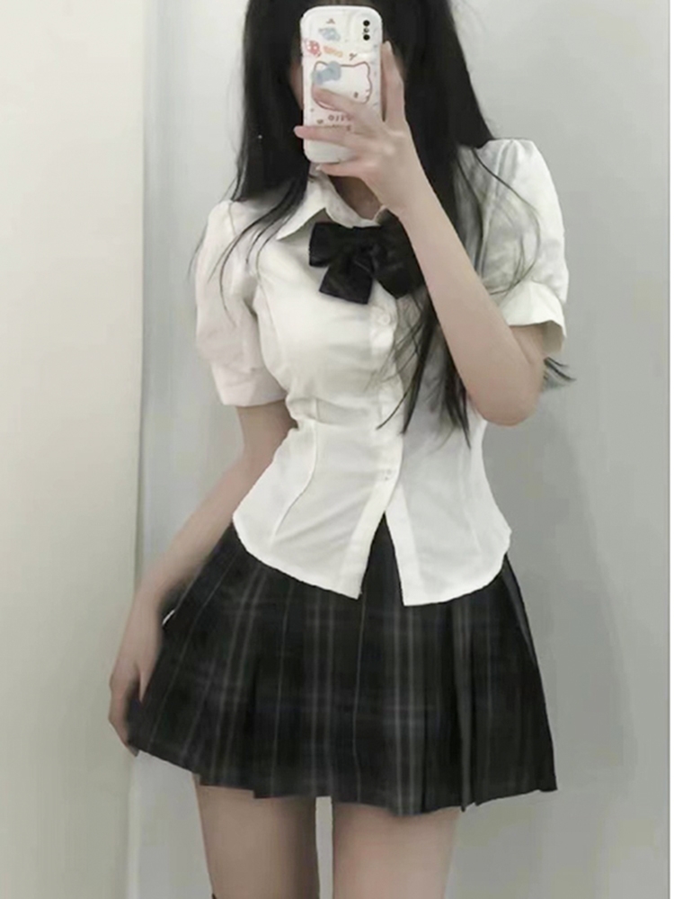 jk制服收腰衬衫上衣女短袖原创夏季学院风泡泡袖白色衬衣jk套装女