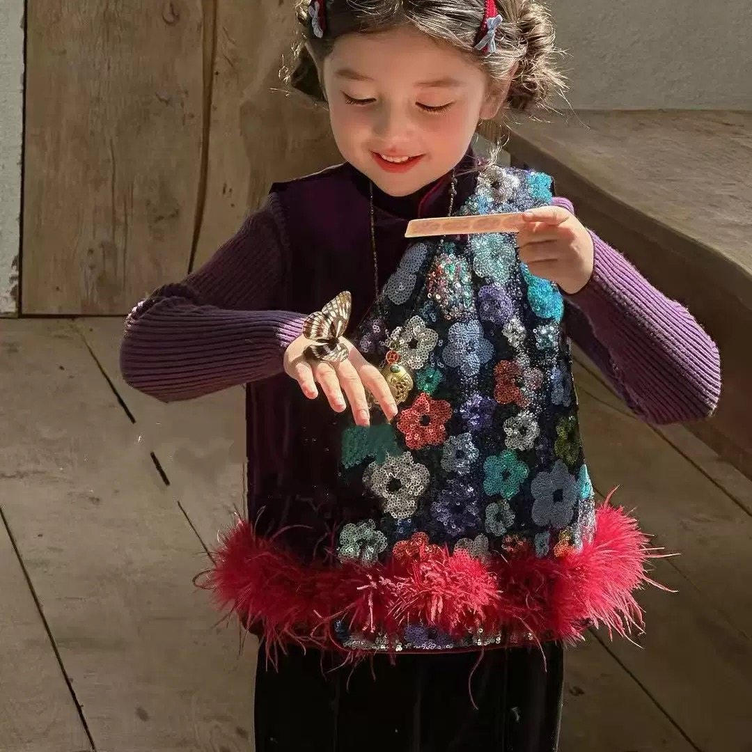 896哈哈家 高品质女童冬季新款洋气国风重工亮片加绒马甲裙套装,童装/婴儿装/亲子装,套装,淘宝优惠券,粉丝福利购,淘宝优惠卷