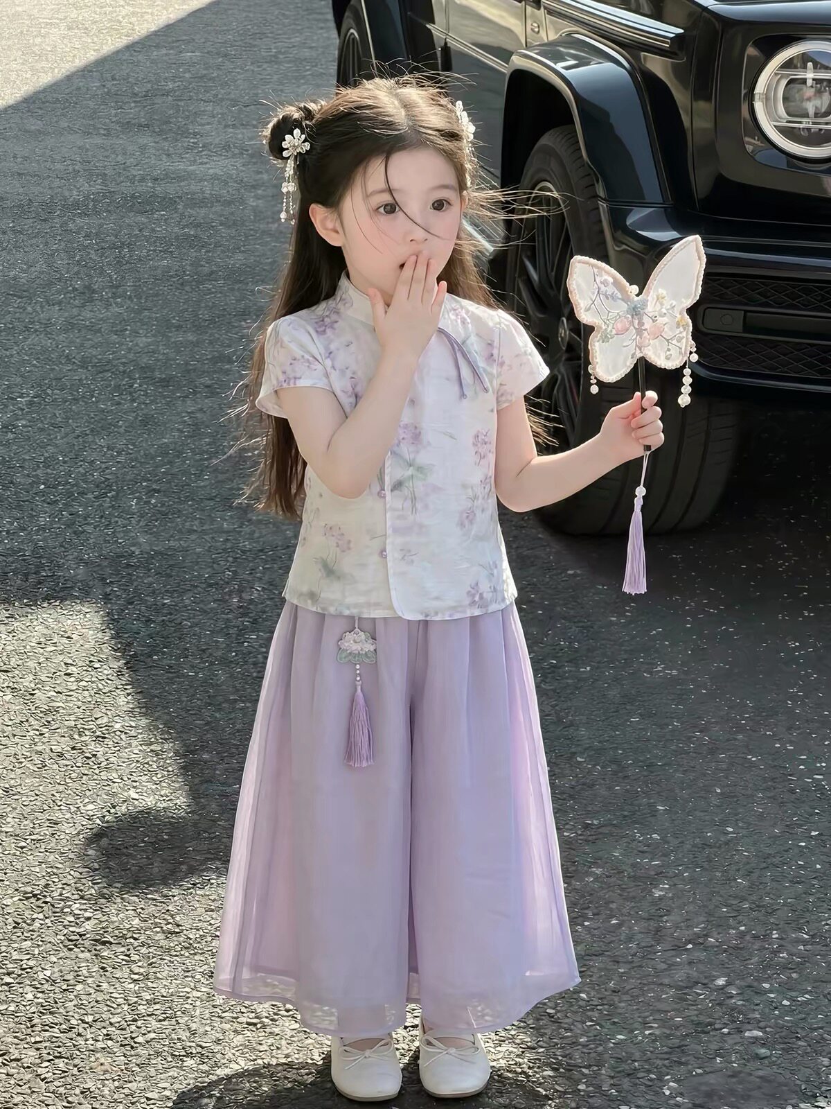 1039哈哈家 女童夏季新款洋气古风时髦上衣裤子两件套套装图片