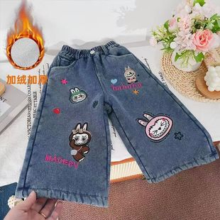百搭加绒加厚刺绣卡通保暖牛仔裤 553哈哈家 洋气韩版 新款 女童冬季