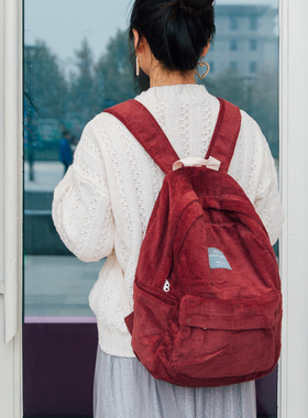 目意思ins风日系复古初中高中女学生纯色灯芯绒背包双肩包书包