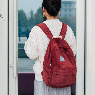 目意思ins风日系复古初中高中女学生纯色灯芯绒背包双肩包书包