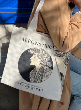 目意思ins风艺术画单肩帆布包男女学生大托特包书包大容量购物袋