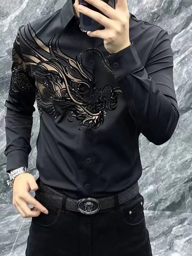 男士春秋冬季飞龙在天印花衬衫男高品质时尚百搭休闲商务欧货酷潮