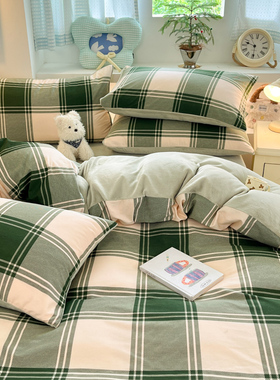 绿色大方格纯棉加绒冬季保暖被套AB面一面牛奶绒两用夏被子1米8*2