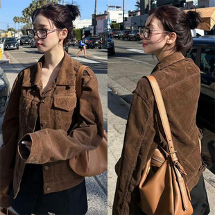 柳智敏明星同款灯芯绒短外套女潮翻领单排扣修身显瘦百搭短款上衣