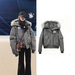 赵露思同款美式复古工装派克服女冬季新款加厚大毛领连帽棉服外套