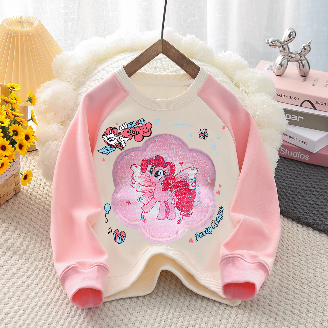 小马宝莉女童亮片加绒拼色卫衣秋冬中大童衣女孩翻转变图案上衣潮