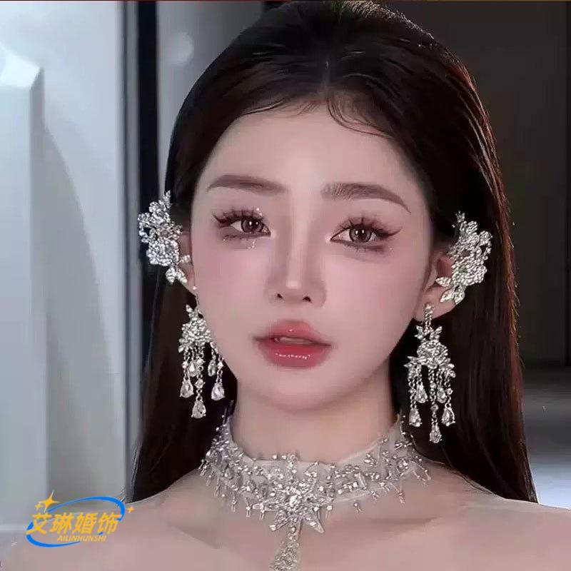 新娘超闪奢华重工水钻流苏晨袍婚纱耳环女精致高级感气质耳坠耳夹