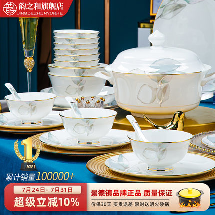 碗碟套装家用2025新款高颜值景德镇中式陶瓷碗盘组合碗具乔迁餐具