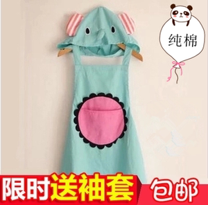 韩版时尚居家厨房纯棉围裙可爱卡通带帽大象围裙情侣防污罩衣反穿
