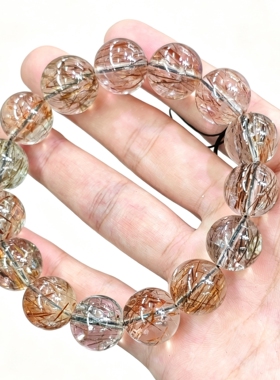 天然黑金超七手链 黑发晶金发晶共生手串 强光玻璃体水晶手饰