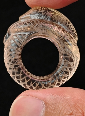 柠檬黄精雕蟒蛇水晶指环内径约16mm 天然水晶改色 戒指可改吊坠