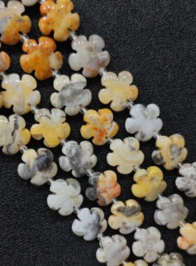 天然疯狂玛瑙梅花散珠半成品 黄白缠丝海洋玉髓雕刻五瓣珠手工