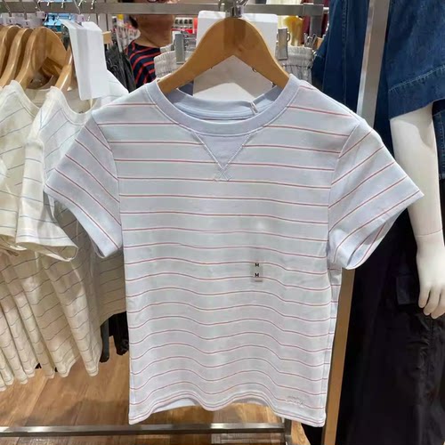 外贸原单JWA休闲条纹T恤圆领短袖打底衫女百搭上衣修身显瘦484266