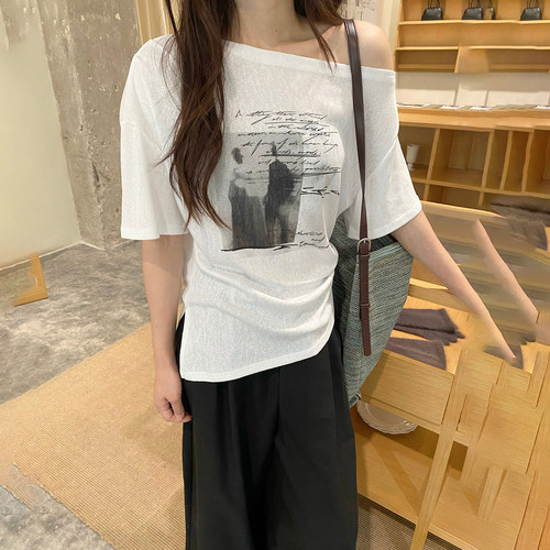 夏季新款露肩印花T恤女