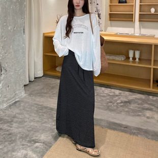零度条纹两件套女2026夏季新款长袖T恤半裙显瘦减龄休闲风套装ins