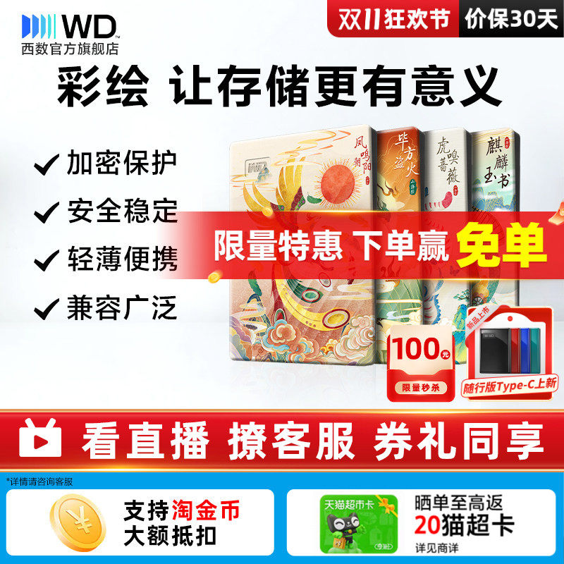 WD西数移动硬盘2t笔记本电脑存储 机械高速加密彩绘 山海经篇