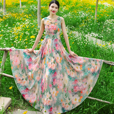 复古碎花大摆抽绳系带雪纺长裙子