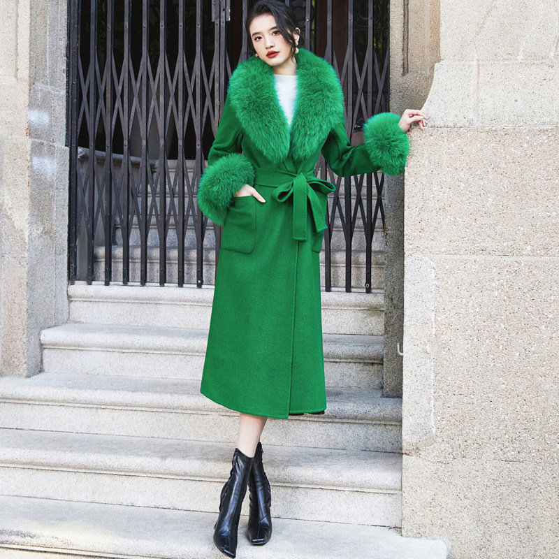 2025冬女装羊绒大衣女中长款修身西装领过膝狐狸毛领羊毛呢子外套