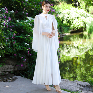 复古圆领白色披肩气质大摆裙雪纺长裙子长款 海边度假裙连衣裙仙气