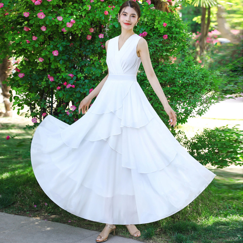 复古v领白色燕尾显瘦大摆雪纺纯色连衣裙长款海边度假裙长裙子仙