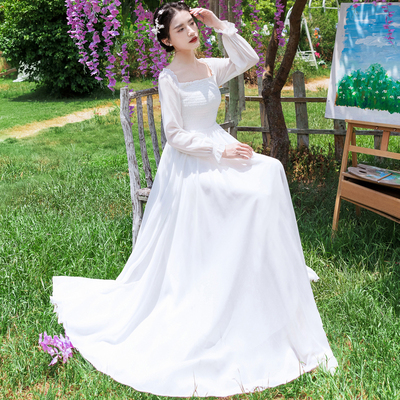 拍照好看大摆雪纺白色长裙连衣裙