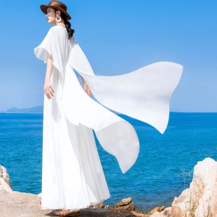 白色披肩连衣裙女复古V领雪纺大摆旅行拍照好看 海边度假长裙子