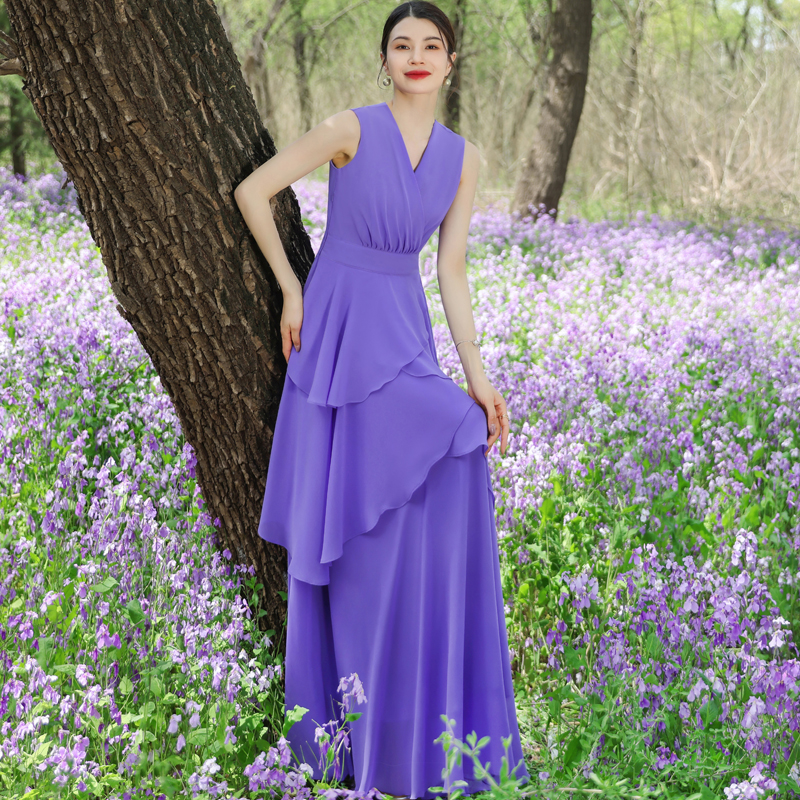 复古V领无袖紫罗兰色燕尾连衣裙女旅游拍照好看大摆裙雪纺长裙子