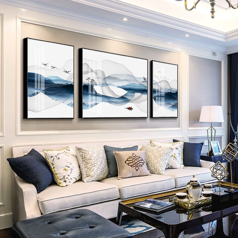 背有靠山新中式意境山水图客厅卧室装饰画三联组合沙发背景墙挂画