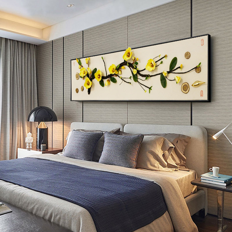新中式卧室装饰画创意实物立体床头挂画花鸟横款客厅样板间壁画,家居饰品,现代装饰画,淘宝优惠券,粉丝福利购,淘宝优惠卷