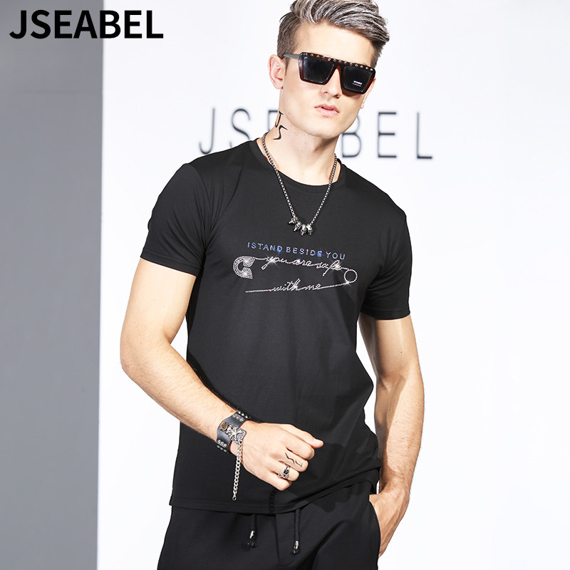 JSEABEL男士t恤短袖别针烫钻潮牌2022新款潮流冰丝高弹修身圆领T