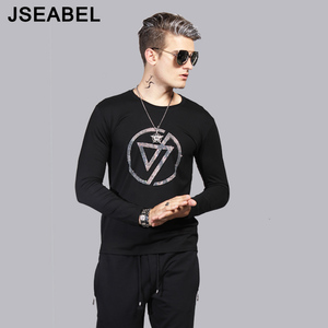 JSEABEL2021秋季新品长袖T恤圆领黑色男上衣韩版修身烫钻打底衫潮