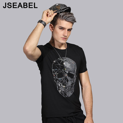JSEABEL2022夏季新款男士烫钻短袖T恤高弹丝光棉大码圆领潮牌男T