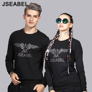 JSEABEL2022秋季新品情侣款圆领套头卫衣韩版修身黑色烫钻上衣潮