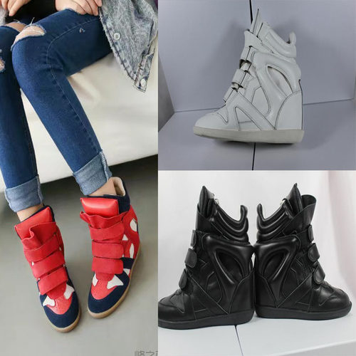 内增高拼色平底魔术贴圆头休闲鞋