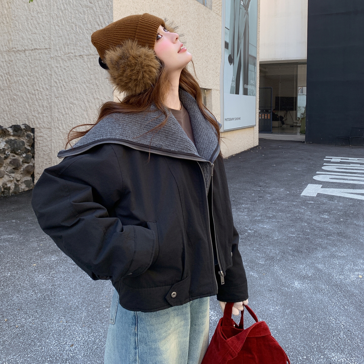 韩系针织翻领假两件短款羽绒服女