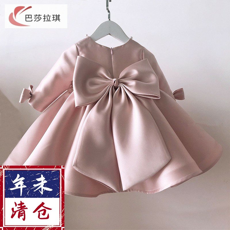 粉色长袖缎面礼服裙女童主持钢琴比赛大蝴蝶结蓬蓬裙女宝周岁抓周