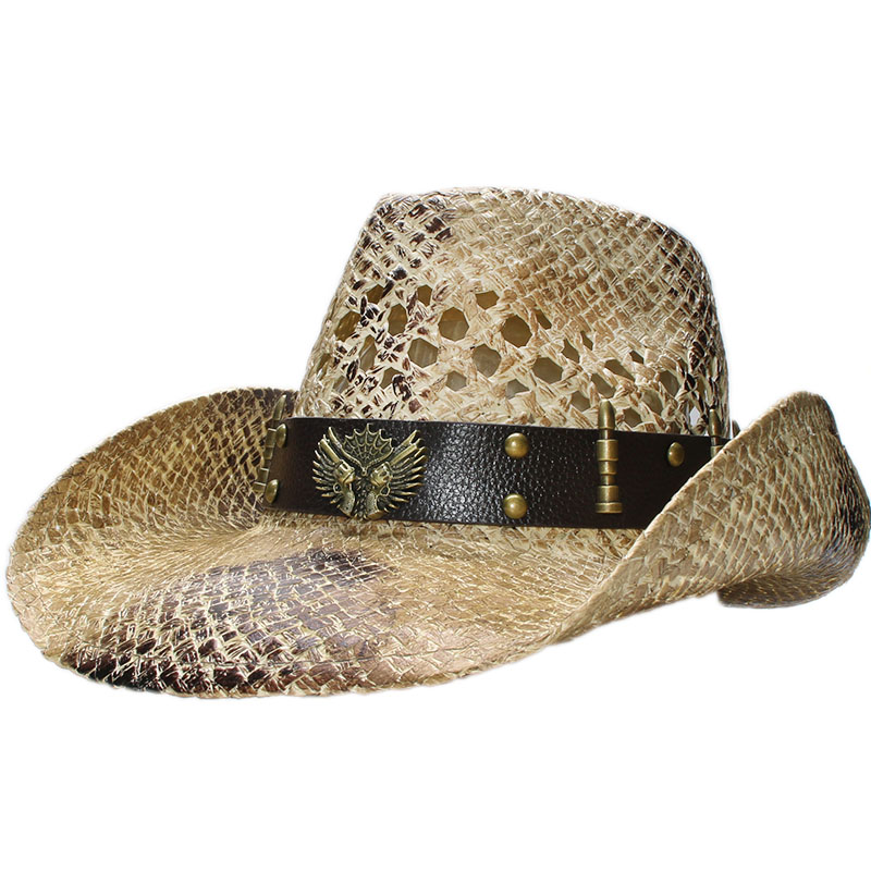 户外黑色喷漆复古做旧双枪皮带沙滩男女西部牛仔草帽58cm休闲透气