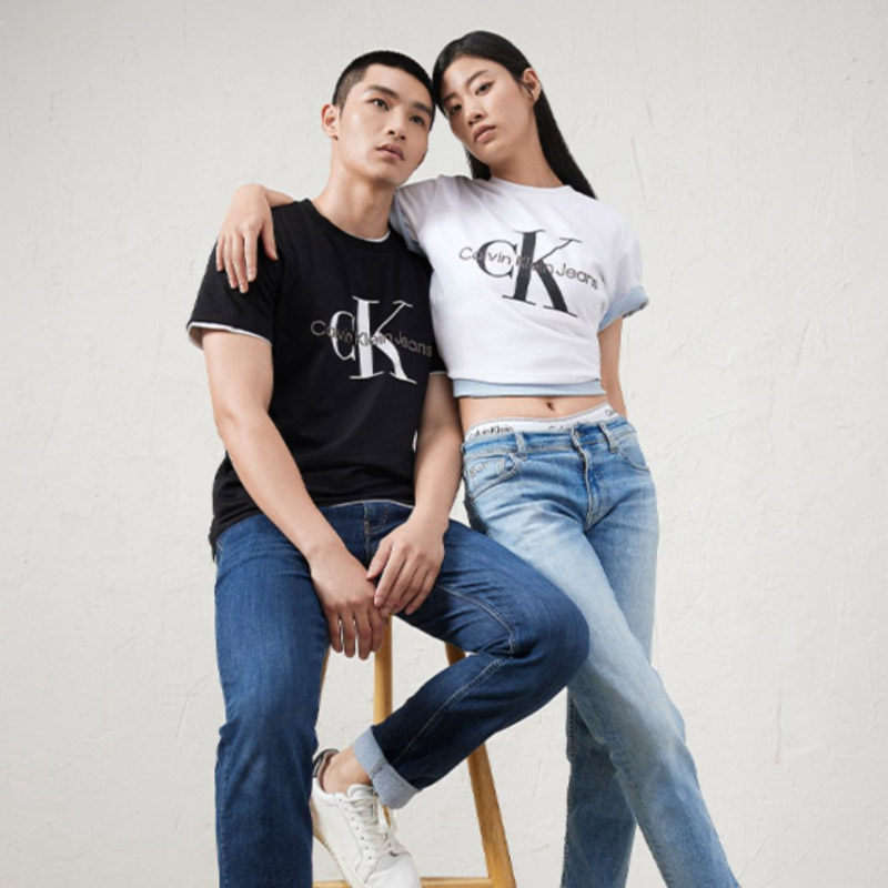 Calvin Klein/CK男女情侣款短袖印花烫金LOGO全棉美式休闲新款T恤