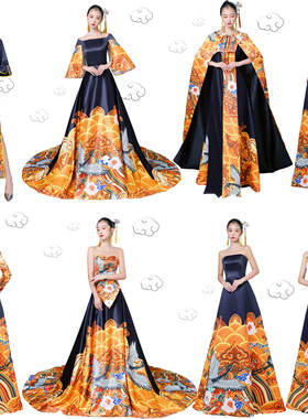 祥云告瑞黑色华服国风民乐商演走秀舞台T台中老年旗袍年会演出服